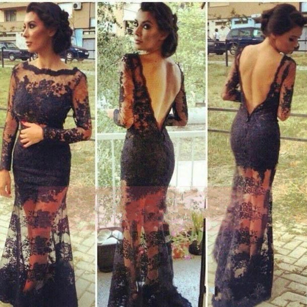 Sexy With Long Sleeve Gown Floor Length See Through Lace Black Mermaid Backless Evening Dress DL1311708