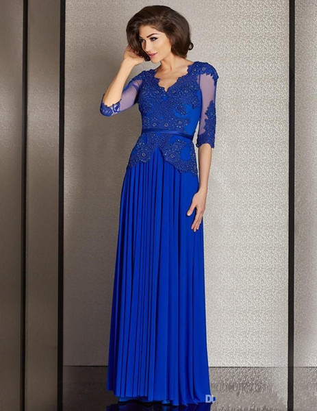 2017 Royal blue Chiffon Mother of the Bride Dresses sexy Deep V-Back Plus Size Prom Gowns lace applique Half Sleeve Sash See Through