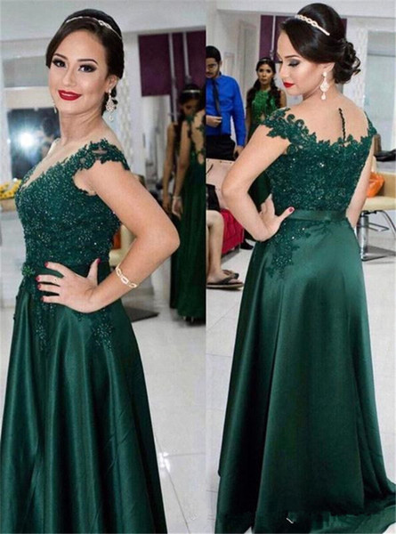 Hunter Green Cap Sleeves Long Evening Dresses Lace Beaded Sheath Long Prom Gowns Floor Length Satin Mother Dresses Plus Size Customed