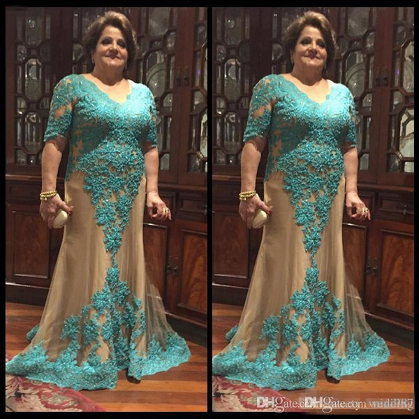 Hunter Green Lace Plus Size Mother Of Bride Dresses 2017 V Neck Half Long Sleeves Champagne Tulle Formal Prom Special Occasion Gowns Cheap