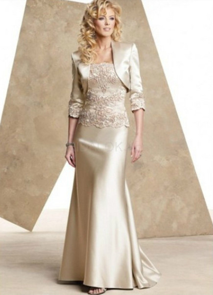 Champagne satin mother of the bride dresses floor length evening dress & jacket