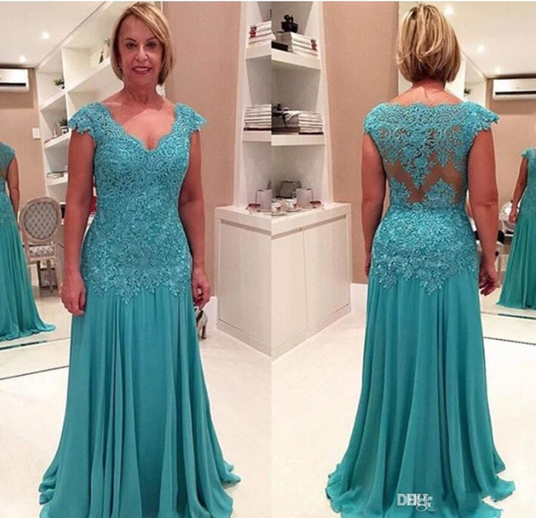 2017 cheapTurquoise Chiffon Mermaid Moms Gowns V-Neck Cap Sleeve lace Applique Mother of the Bride Dresses Formal Evening Gowns