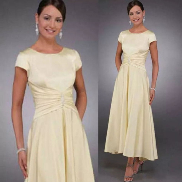 vintage modest mother of the bride dress jewel neck short sleeves a line tea length light yellow chiffon elegant evening formal dresses 