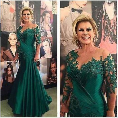 Sexy dark green silk like fishtail dress with pleated jacket applique and ground collar with net long sleeves, mom package, custom mail