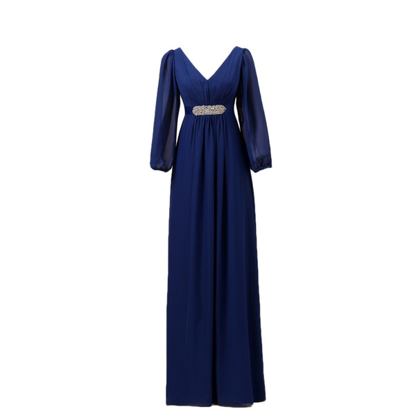 New V Neck Plus Size Long Sleeve Blue Chiffon Elegant Tea Length Evening Party Dresses Halter Ruffle Mother Gown