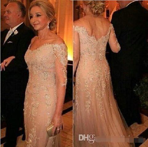 Mother Of The Bride Dresses Tulle Lace Sequined 3/4 Long Sleeves Evening Dress Deep V neck Appliques Groom Mother Formal Prom Gowns