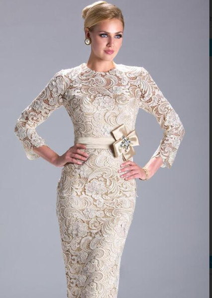 fast in stock long sleeves high neck handmade beading bow long lace champagne mother of the bride dresses