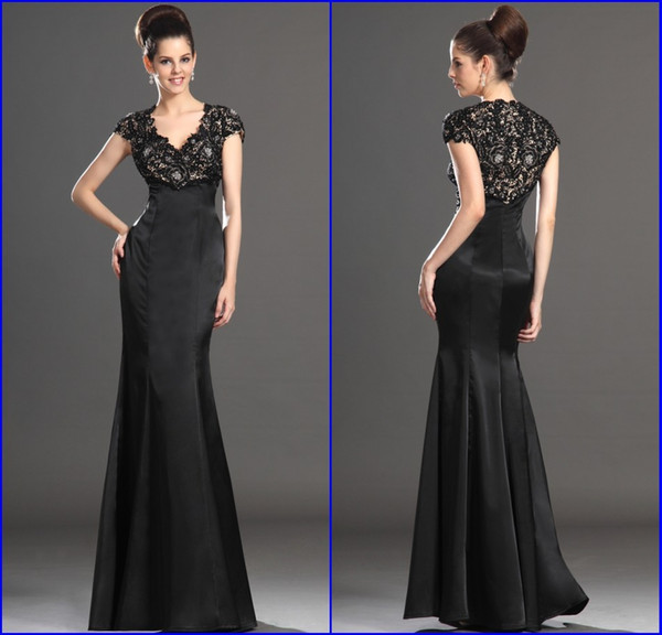 High Quality Vestido de festa V Neck Black Lace Long Satin Gown Mermaid Evening Dress Modest Formal Gowns Special Occasion