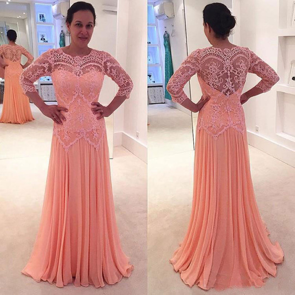 Hot Selling Sweep Train Coral 3/4 Long Sleeves Mother of the Bride Dresses with Lace Appliques for Wedding Party Mermaid Dress