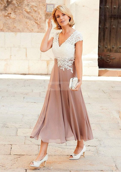 2017 New Plus Size Lace Mother Of The Bride Dresses V-Neck Cap Sleeve Backless Tea-Length Formal Wedding Guest Dresses Chiffon Mother Dress