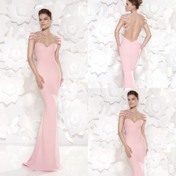 Mermaid Pink Chiffon Evening Dress for Party Over Vestidos De Noche Beaded Appliques Cap Sleeves See Through Sweetheart