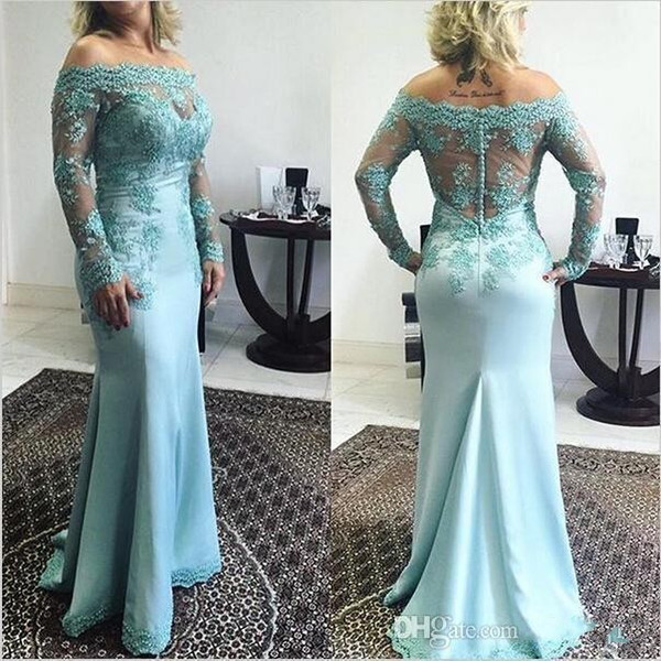 New Blue Plus Size Mermaid Long Sleeve Mother Of The Bride Dresses Off Shoulder Covered Button Wedding Guest Dresses For Mothers Sweep Train