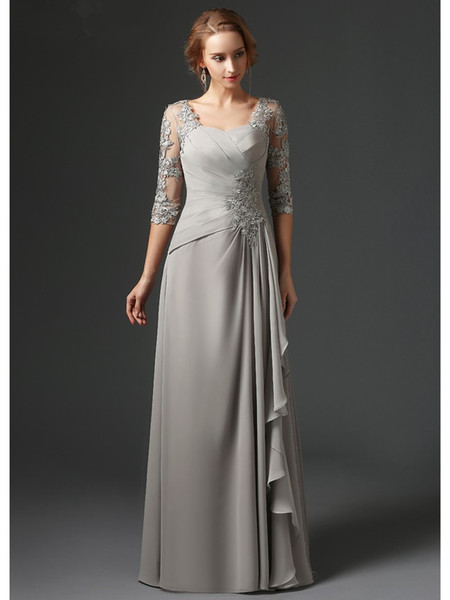 Silver Mother Of The Bride Dresses A-line 3/4 Sleeves Chiffon Lace Plus Size Long Elegant Groom Mother Dresses Wedding