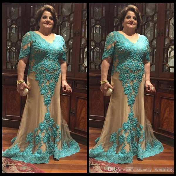 Hunter Green Lace Plus Size Mother Of Bride Dresses 2017 V Neck Half Long Sleeves Champagne Tulle Formal Prom Special Occasion Gowns Cheap