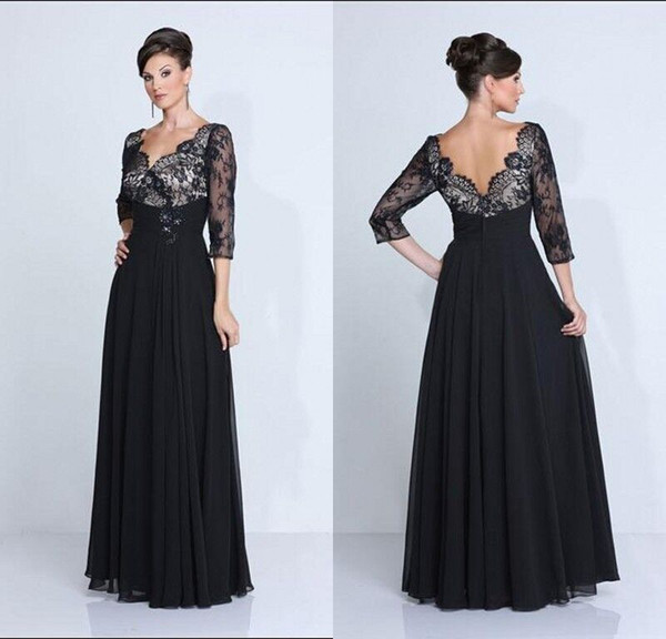 New Elegant Black Lace Chiffon Mother Of The Bride Dresses 3/4 Sleeve A-line Style Long Evening Gown 