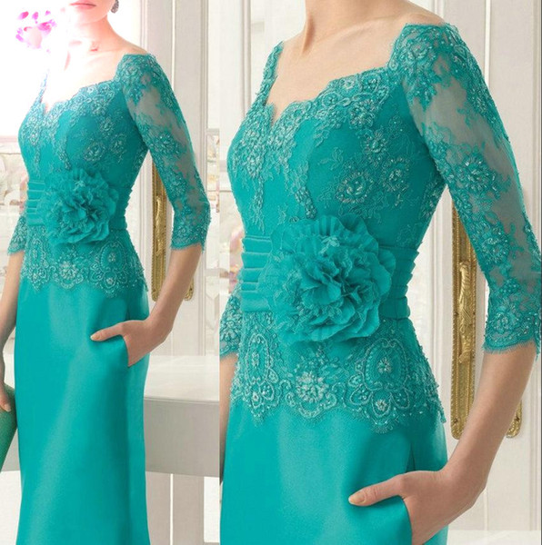 Elegant Emerald Appliques Mother of the Bride Dress Lace Three Quarters Sleeves Floor Length Long Formal Evening Dress