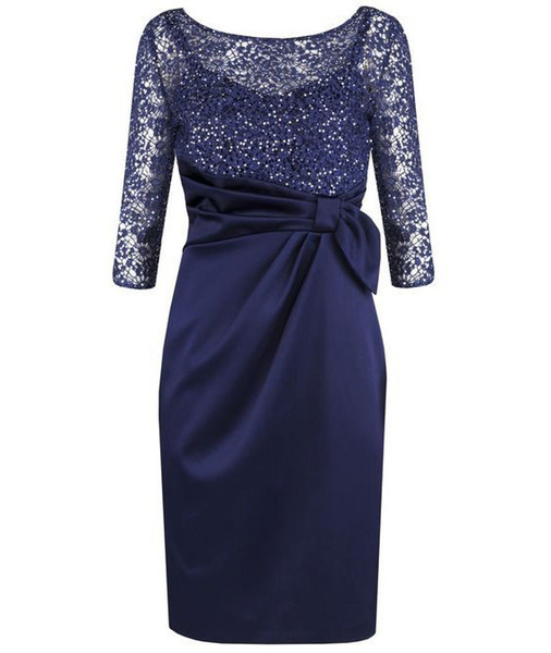 Dark Navy Sheath Knee Length Mother of the Bride Dresses with Lace Sparkly Sequins for Wedding Party Mother of the groom Dresses