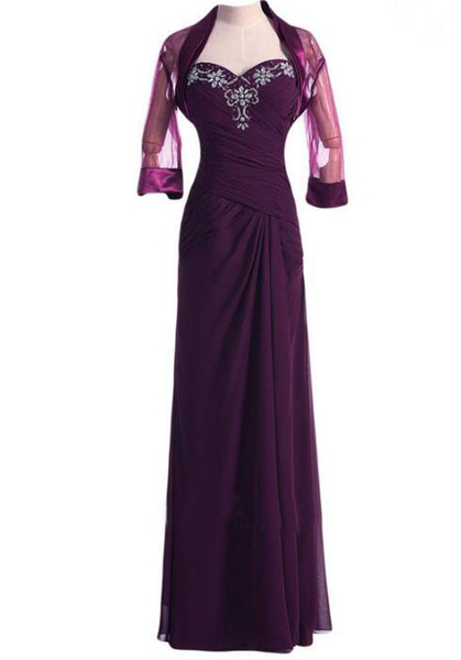 Hot Sell Sweep Train Chiffon Grape Mother Of the Bride Dresses Sweetheart with Beaded with Jacket for Wedding Party