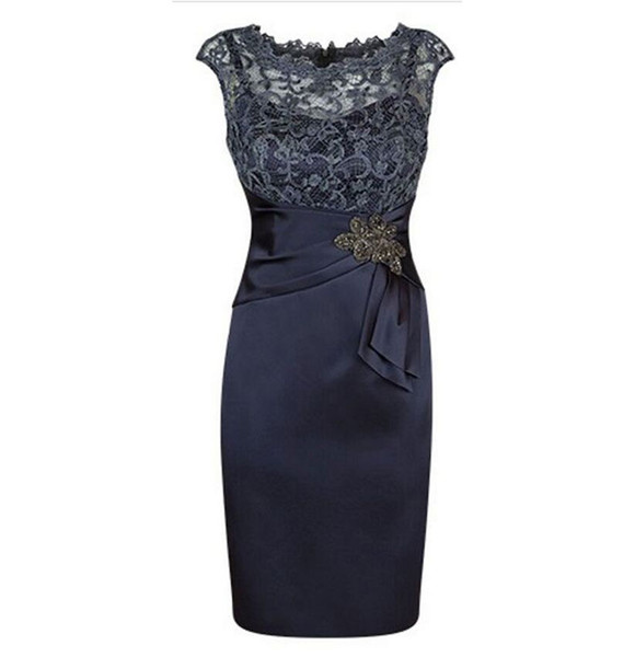 Hot Selling Sleeveless Knee Length Dark Navy Blue Mother of the Bride Dresses with Lace Appliques Mother of the Groom Dresses