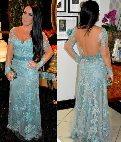 Hot Selling Chiffon Sheer Back Long Sleeves Sky Blue Mother of the Bride Dresses with Appliques for Women Wedding Party