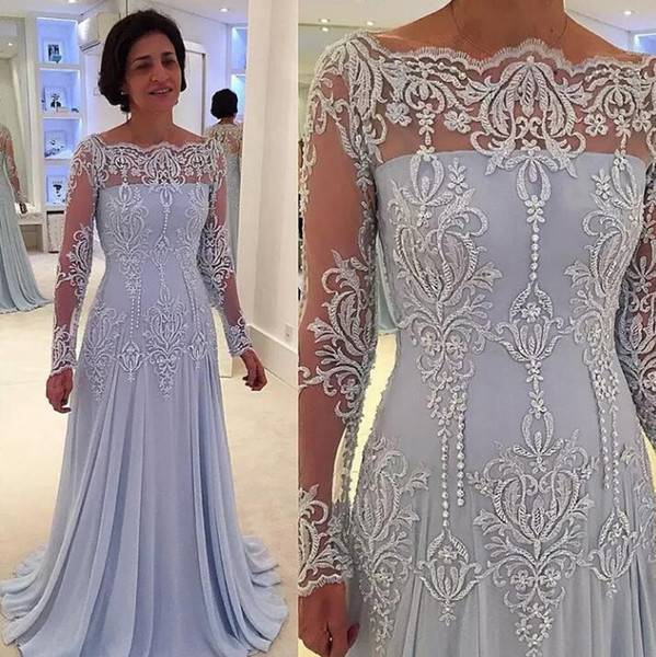 Hot Selling Long Sleeves Court Train Sky Blue Mother of the Bride Dresses with Appliques for Wedding Party