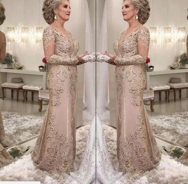 Hot Selling Luxurious Sweep Train Long Sleeves Mother of the Bride Dresses with Lace Appliques Beaded for Wedding Party Mermaid Dress