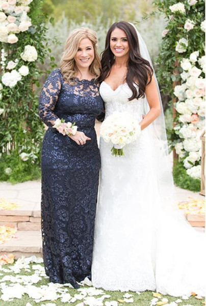 Hot Sell Navy Blue Mother of the Bride Dresses Sheath Long Sleeves for Wedding Party In Stock with Lace Appliques Floor Length Plus Size