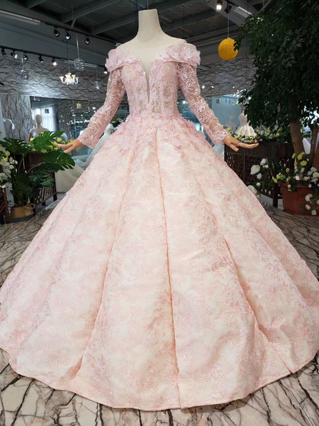 Ball Gown Prom Dresses 2019 Pink Tulle Lace Formal Party Sheer Long Sleeves Appliques Arabic Bow Evening Gown Instock Waves Vestidos de robe