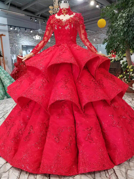 Gorgeous Red layers Lush Lace Prom Dresses 2019 With Beaded Crystal Long Ball Gowns Dubai Prom Gowns Saudi Arabic Waves Vestido Longo