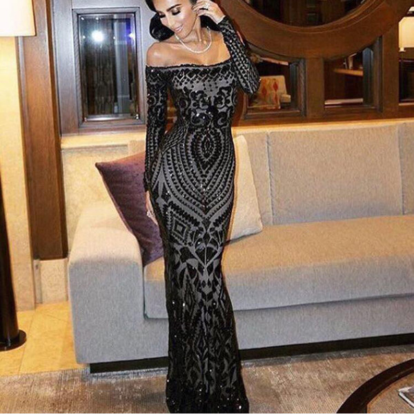 Sexy Prom Dresses 2018 Slash Neck Off Shoulder Sequined Party Dresses Floor Length Full Sleeved Bodycon Black Maxi Dress Evening Gown