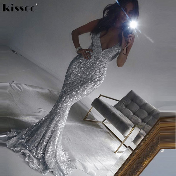 Party Dresses 2018 Sexy Stretch Silver Sequin Maxi Dress Hollow Out Floor Length Summer Party Dress Padded V Neck Backless Mermaid Dresses