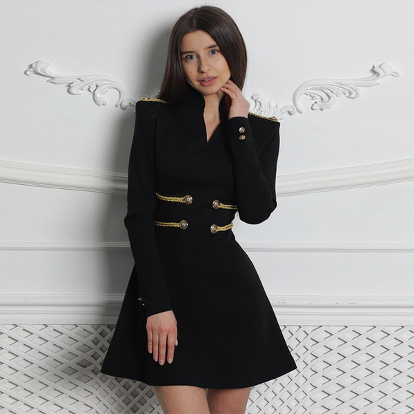 Fashion Princess Skirt A Line V Neck Slimmer Waist Prom Dress Black Chic Gold Belt Button-Down Long Sleeves Stylish Swing Party Dress