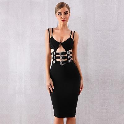 Sexy Black Women Spaghetti Bandage Dress Knee-Length Hollow Open Back Party Dress Bodycon Prom Gowns