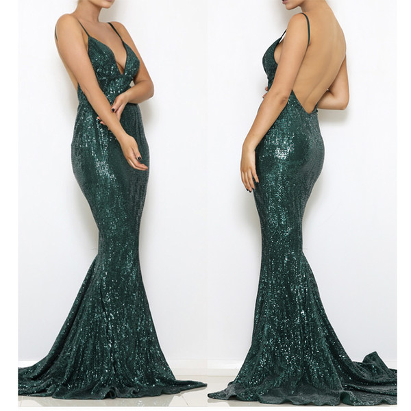 Party Dresses 2018 Summer Shiny Green Sequined V Neck Maxi Dresses Backless Maxi Dress Stretchy Backless Floor Length Padded Evening Dresses