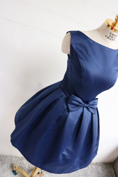 In Stock Fall Winter Satin Prom Dress Party gowns Scoop Zipper Back Knee Length Cocktail gowns Cheap
