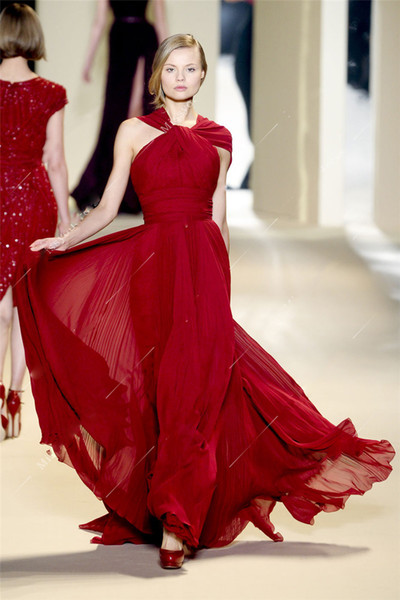 Famouse design red colour Evening Dresses Cascading ruffles Floor Length chiffon Formal Evening Gowns