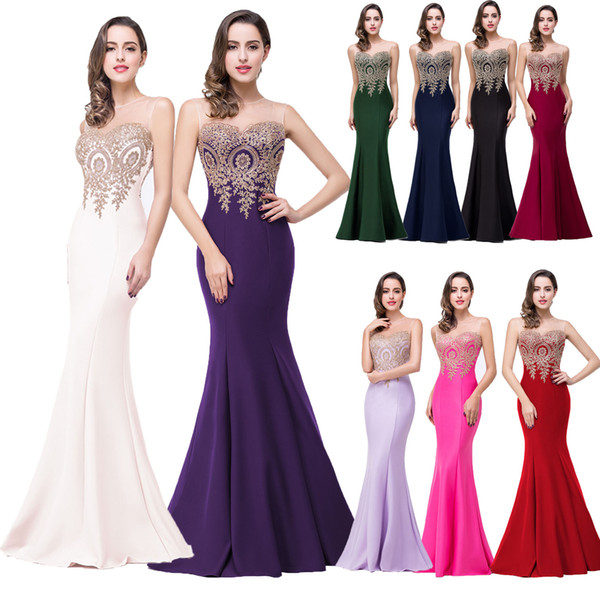 In Stock Cheap Formal Prom Evening Dresses Gold Appliques Sheer Neck Mermaid Bridesmaids Red Carpet Party Dresses CPS262