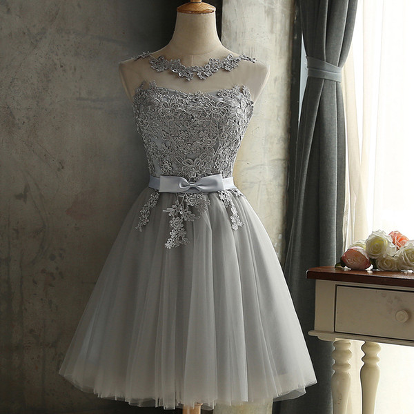 Cheap silver Lace Party Dresses Short Jewel Lace Up Cocktail Gowns Short Prom Dresses Maid Of Honor Gowns Under 50 Real Photo