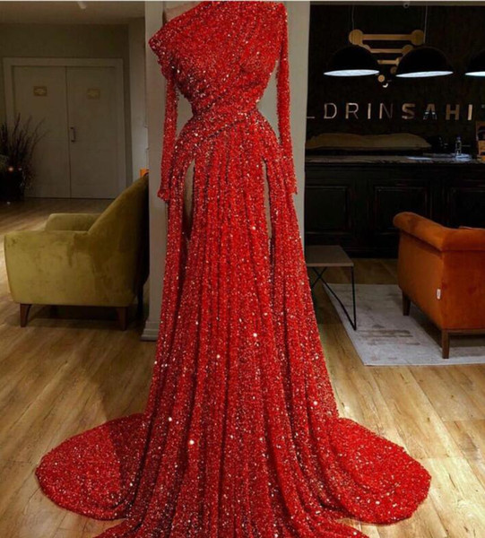 Evening dress Yousef aijasmi Kim kardashian Red Blini Sequines A-Line One shoulder Split Long sleeve Lace Crystal Zuhair murad 101