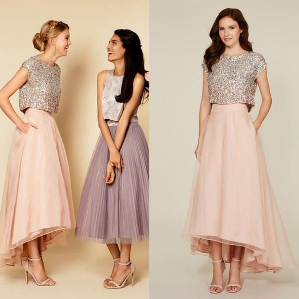 Sparkly Two Pieces Sequins Organza Top Vintage Tea Length Prom Dresses High Low Bridesmaid Dresses with Pockets graduation dress