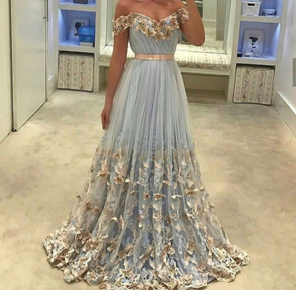 In Stock Butterfly Prom Dresses Long Tulle Lace 3D Floral Evening Party Gown Off Shoulder