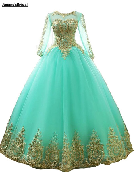 Amandabridal Long Sleeve Lace Prom Dresses New Long Ball Gown Quinceanera Dresses Tulle Formal Gown Plus Size