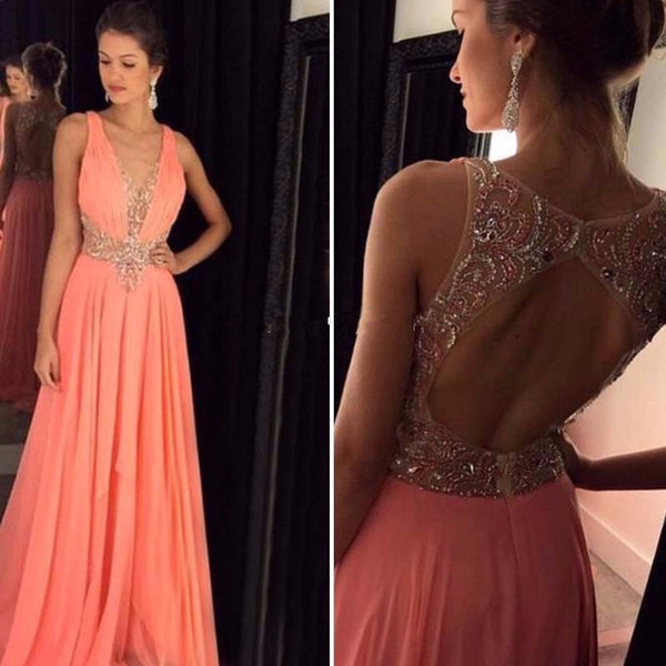 Real Photos Hot Sale Sexy Style V-Neck Backless Chiffon Evening Long Dresses With Sequin Beaded Prom Gowns