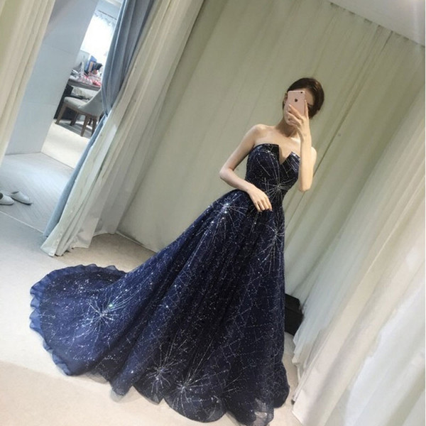 Cheap In Stock! 2017 Dark Navy Bling Bling A Line Prom Dresses Strapless Sequins Party Evening Gowns With Lace Up