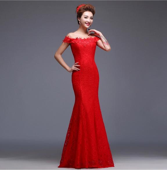 Big Promotion!2016 Cheap Elegant Mermaid Red/blue Long Evening Dresses Off the Shoulder Embroidery Chinese Lace Wedding Dresses Cheongsam