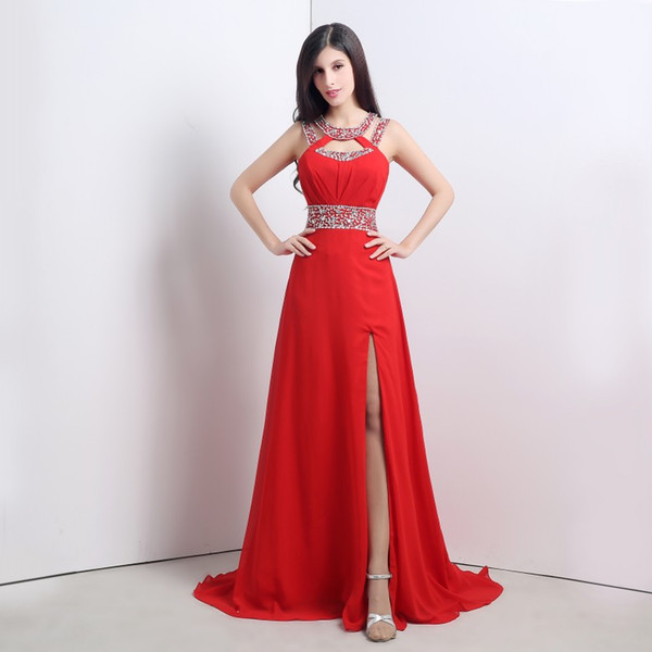 2015 In Stock Red Prom Dresses A Line Floor Length Jewel Side Splite Formal Evening Gowns Size 6 to 16 Chiffon party Dresses