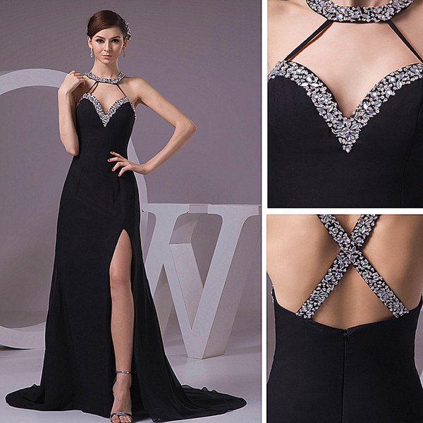 High Quality Sexy Black Long A-line Beaded Halter Evening Dress Chiffon Criss-Cross Straps Back Prom Dress Court Train Party Dresses