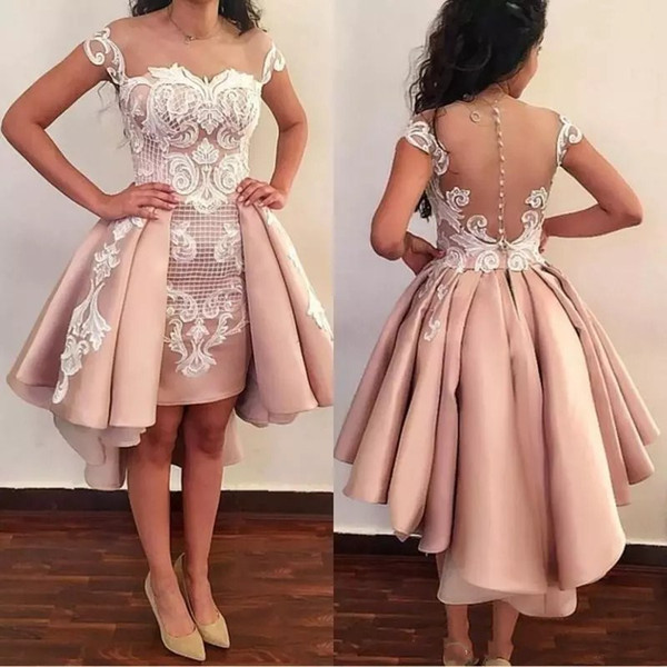 Jewel Satin Short Dresses Lace Applique Ruched Elegant Sexy Covered Button Evening Dresses Party Guest Dress