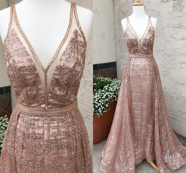 Sparkle Sequins Prom Dresses Deep V Neck Overskirt Champagne Rose Gold Pageant Dress Real Image Sweep Train Sleeveless 2k19