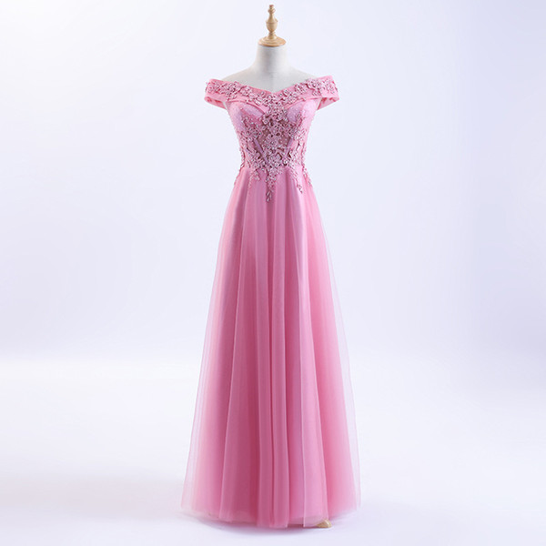 Model Pictures A Line Evening Dresses Off Shoulder Pink Lace Appliques Beaded Long Cheap Prom Dresses